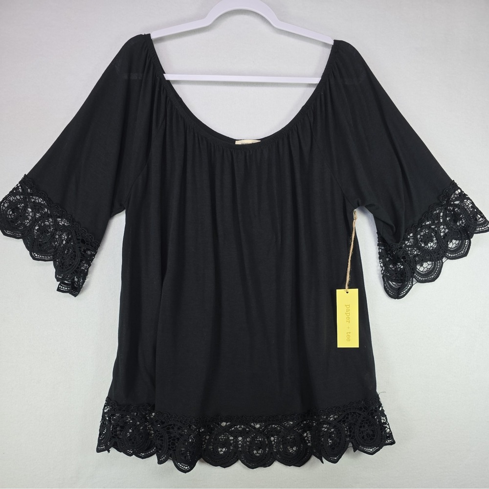 NWT! Paper+Tee Black Lace Ladies Blouse Off Shoulder Tunic Size 2X Boho Cottage